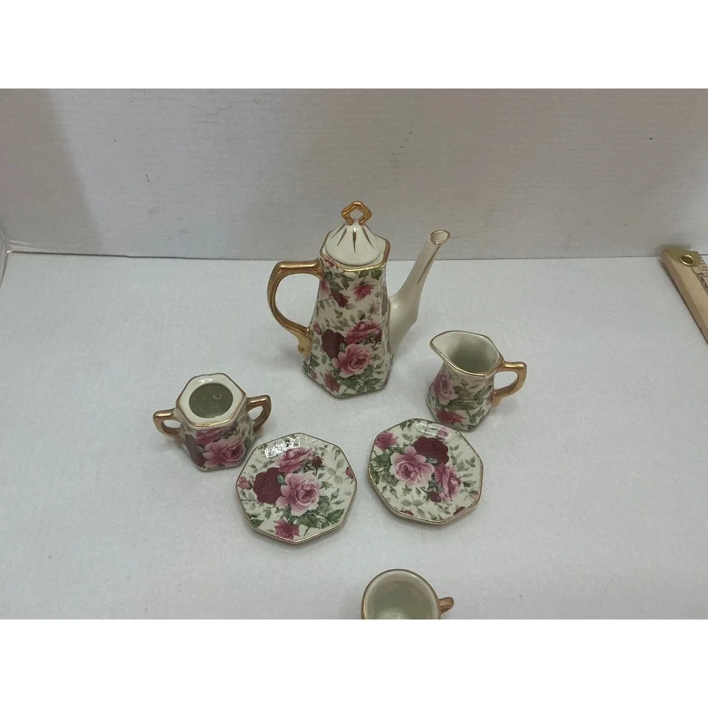 Vintage Miniature Tea Set Porcelain Rose Floral Gold Trim 6pc Set